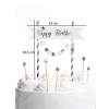 Topper girlanda ozdoby na tort napis Happy Birthday pomponiki gwiazdki biało-srebrne dekoracje urodzinowe